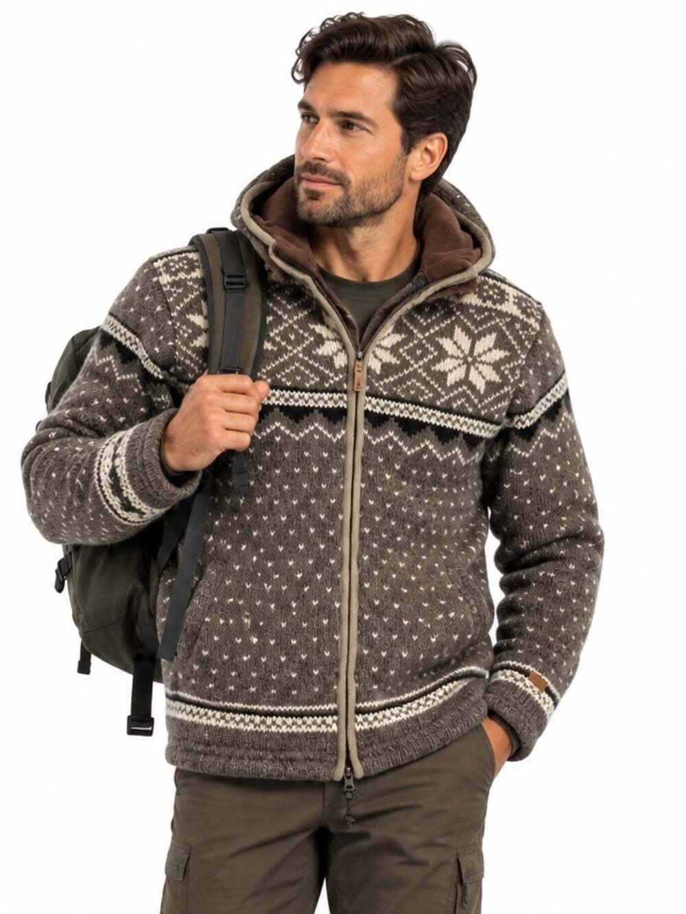 Ark Imports 100% Wool Hooded Zip Jacket XXL Brown Nordic Snowflake Fleece Lined